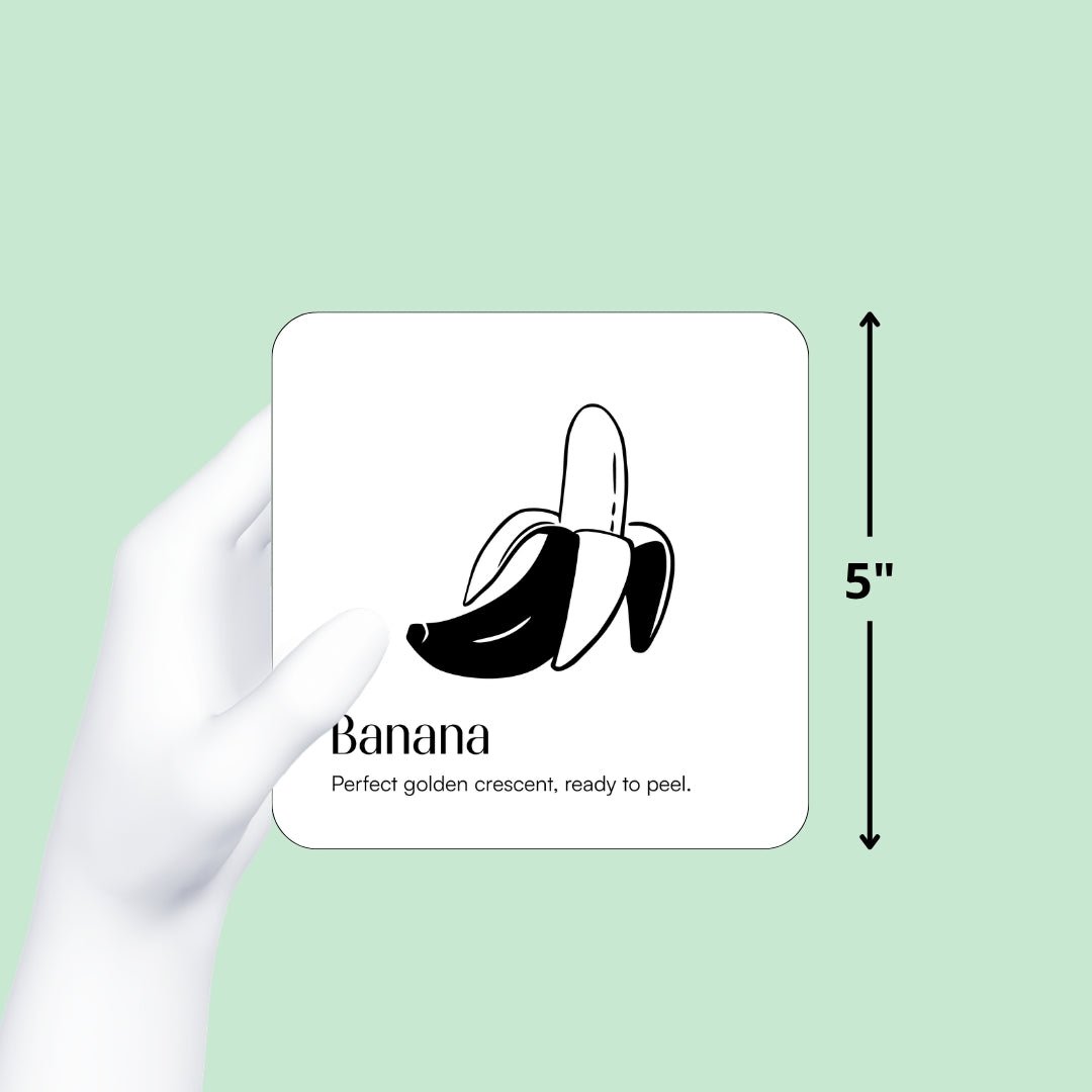 Hand holding a Chunky Deli black and white banana baby art card with a measurement graphic showing the card is 5 inches tall.