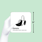 Hand holding a Chunky Deli black and white banana baby art card with a measurement graphic showing the card is 5 inches tall.