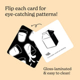 Chunky Deli milk baby art card flipping to a pattern. Text notes cards are eye-catching, gloss-laminated, and easy to clean.