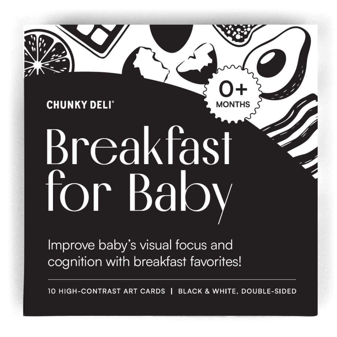 Close-up of the Chunky Deli Breakfast for Baby box for 10 high-contrast black and white double-sided art cards for 0+ months.