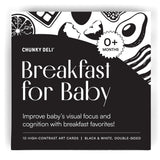 Close-up of the Chunky Deli Breakfast for Baby box for 10 high-contrast black and white double-sided art cards for 0+ months.