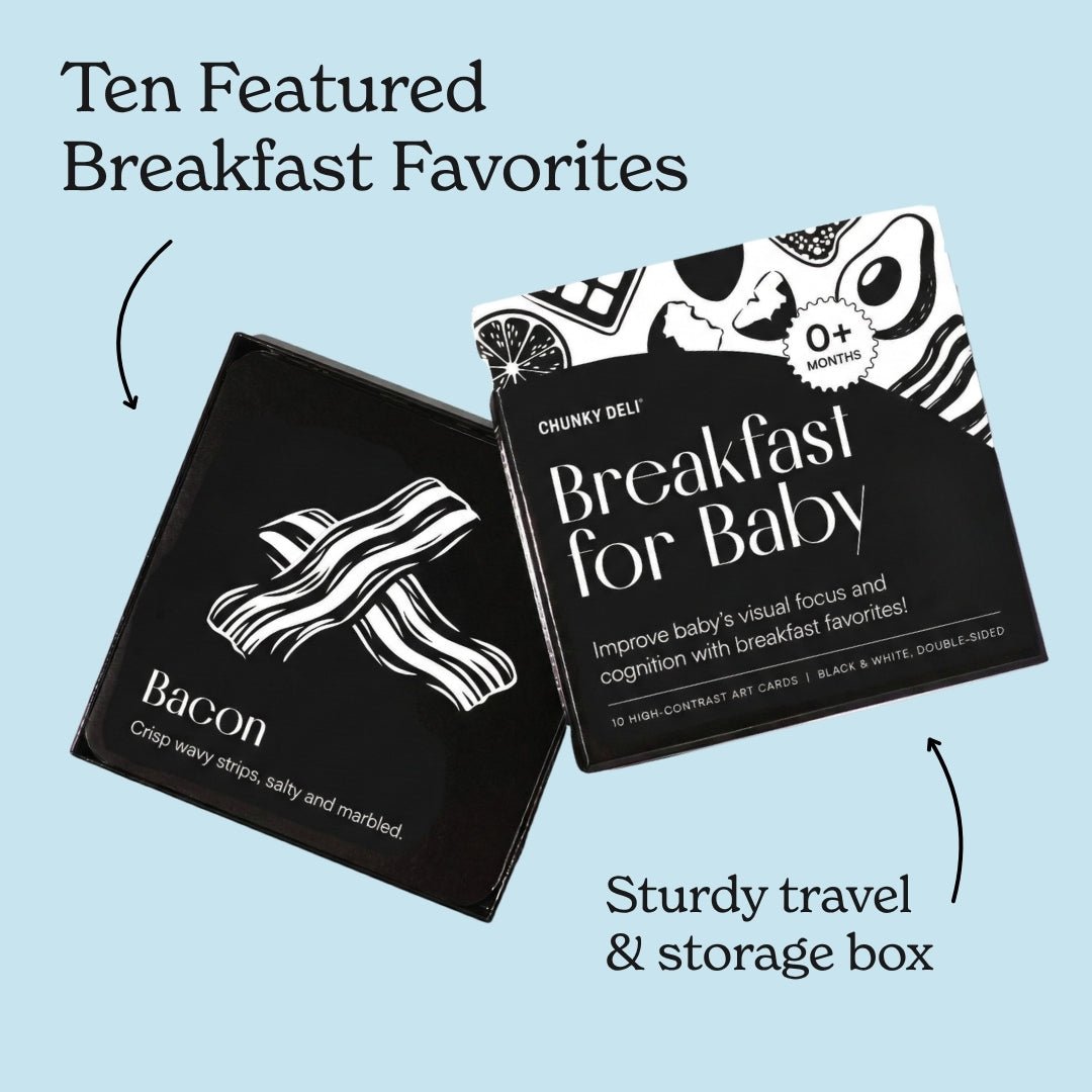 Chunky Deli Breakfast for Baby sturdy travel box and black and white bacon art card. Text: Ten Featured Breakfast Favorites.