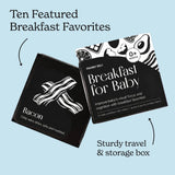 Chunky Deli Breakfast for Baby sturdy travel box and black and white bacon art card. Text: Ten Featured Breakfast Favorites.