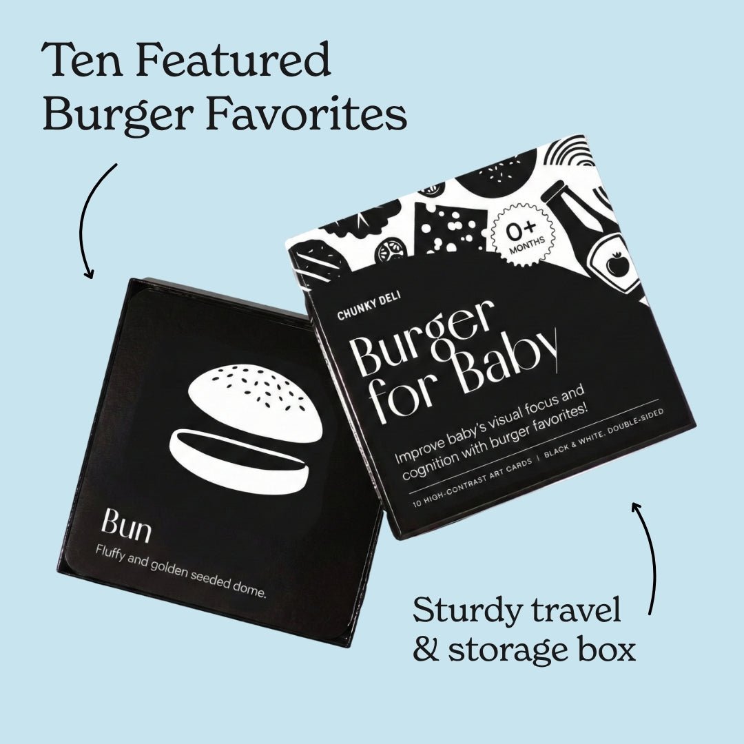 Chunky Deli Burger for Baby sturdy travel box and black and white bun art card. Text: Ten Featured Burger Favorites.