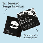 Chunky Deli Burger for Baby sturdy travel box and black and white bun art card. Text: Ten Featured Burger Favorites.