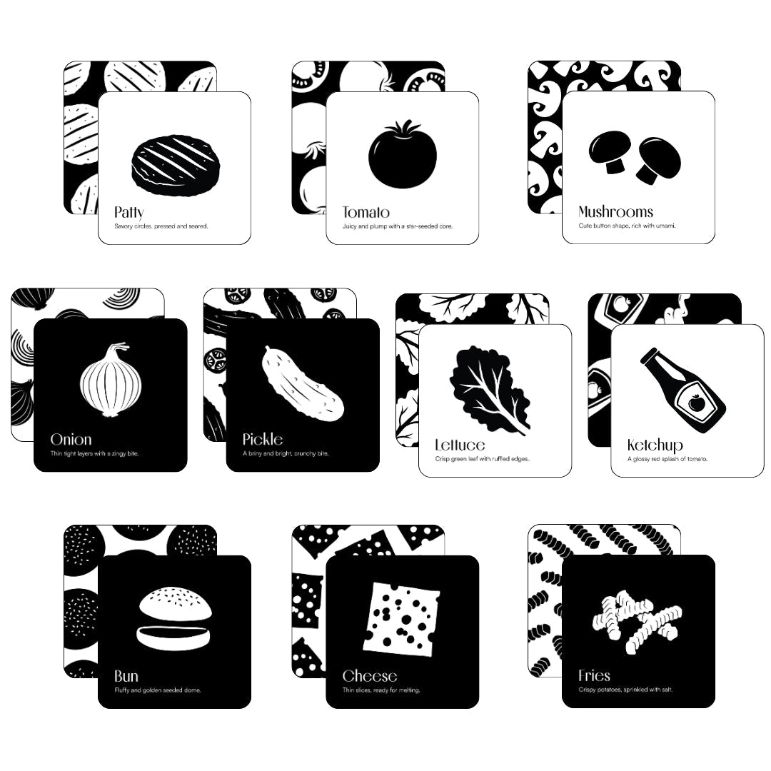 Grid of all 10 Chunky Deli Burger for Baby double-sided art cards showing illustrations like a patty, tomato, and cheese.