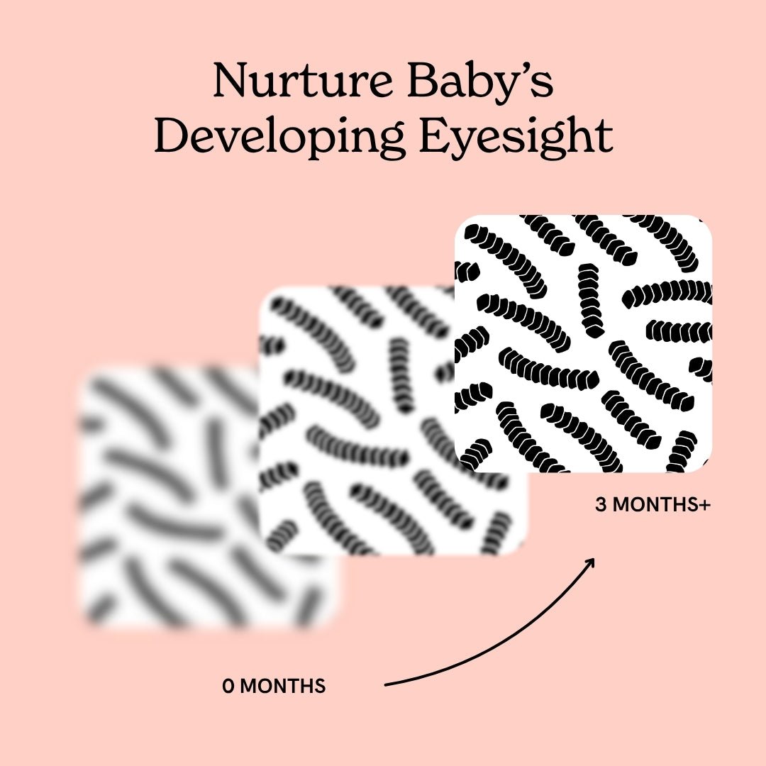 Graphic showing how Chunky Deli black and white fry patterns nurture baby's developing eyesight from 0 to 3 months.
