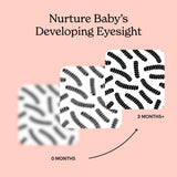 Graphic showing how Chunky Deli black and white fry patterns nurture baby's developing eyesight from 0 to 3 months.