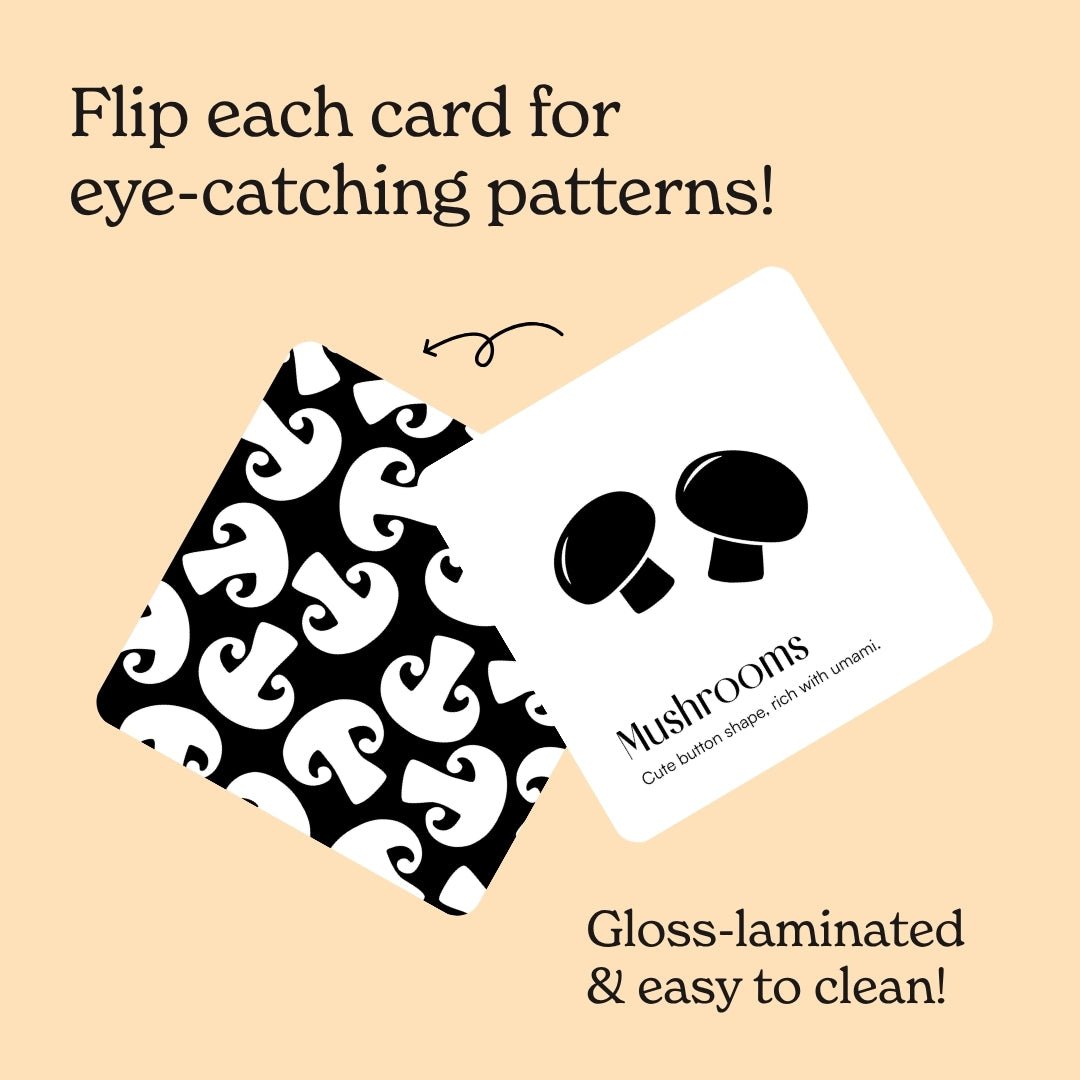 Chunky Deli mushroom baby art card flipping to pattern. Text notes cards are eye-catching, gloss-laminated, easy to clean.