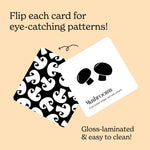 Chunky Deli mushroom baby art card flipping to pattern. Text notes cards are eye-catching, gloss-laminated, easy to clean.
