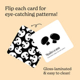 Chunky Deli mushroom baby art card flipping to pattern. Text notes cards are eye-catching, gloss-laminated, easy to clean.
