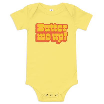 Chunky Deli product image: "Butter Me Up" onesie (100% cotton, yellow color) laid flat on a white background, showcasing the envelope shoulders, short sleeves, three-snap closure, and the text "Butter Me Up" printed in orange and red across the chest.