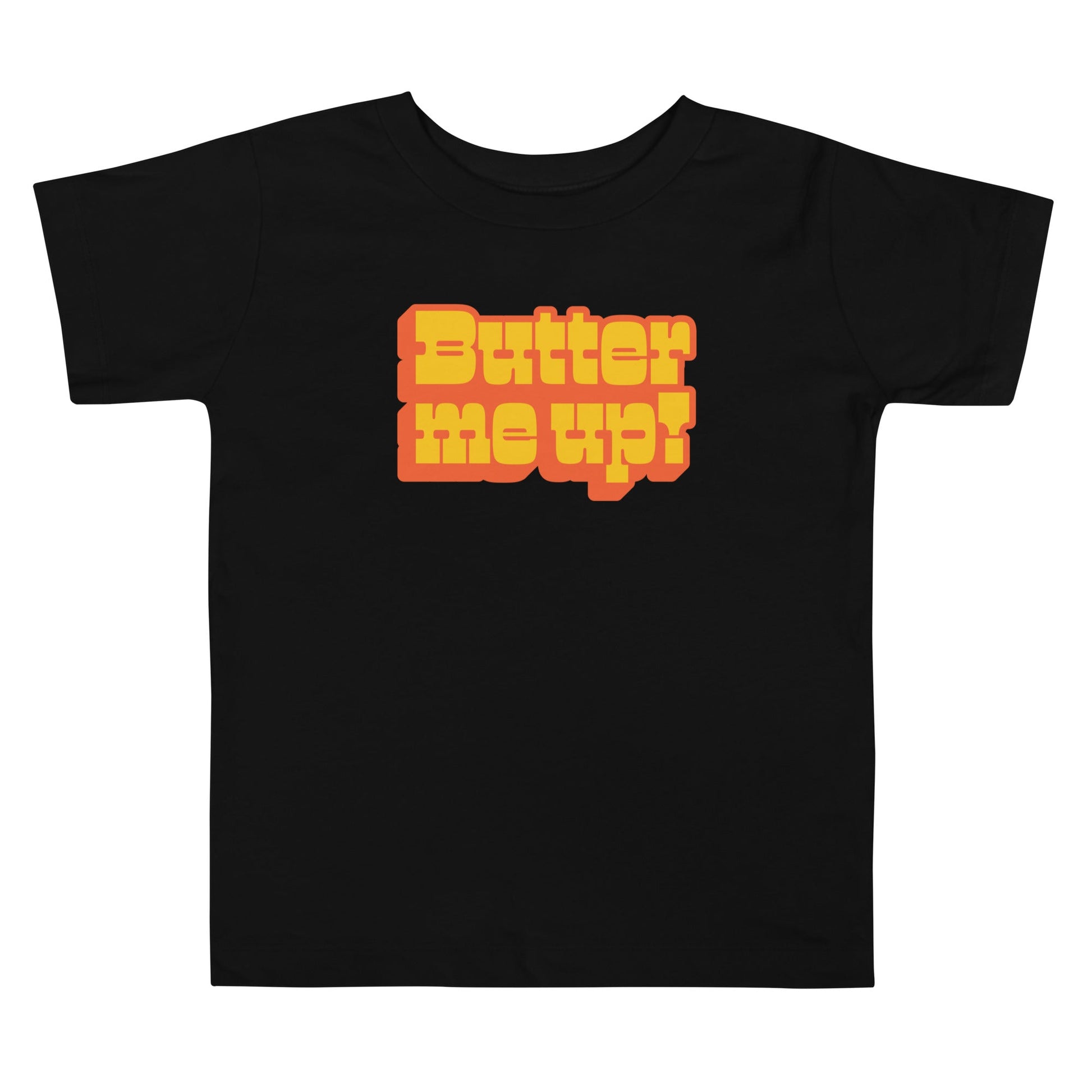 Chunky Deli product image: Black "Butter Me Up" toddler/kids t-shirt with short sleeves. The text "Butter Me Up" is printed in orange and red across the front.