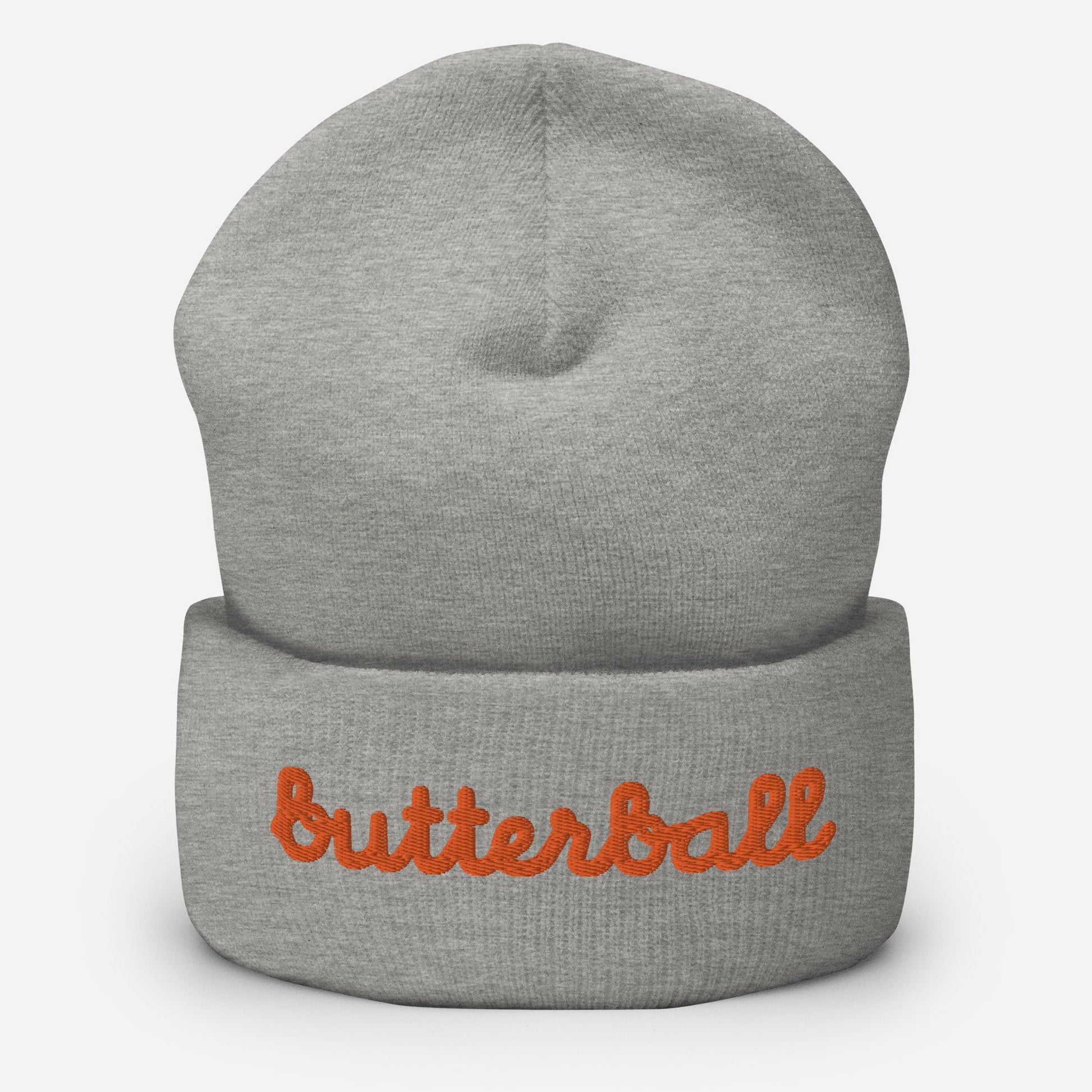Chunky Deli product image: Knit beanie hat in a classic shape with the text "Butterball" embroidered in bright red-orange across the front headband area, in heather grey.