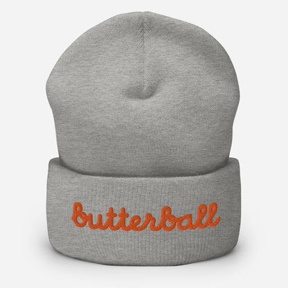 Chunky Deli product image: Knit beanie hat in a classic shape with the text "Butterball" embroidered in bright red-orange across the front headband area, in heather grey.