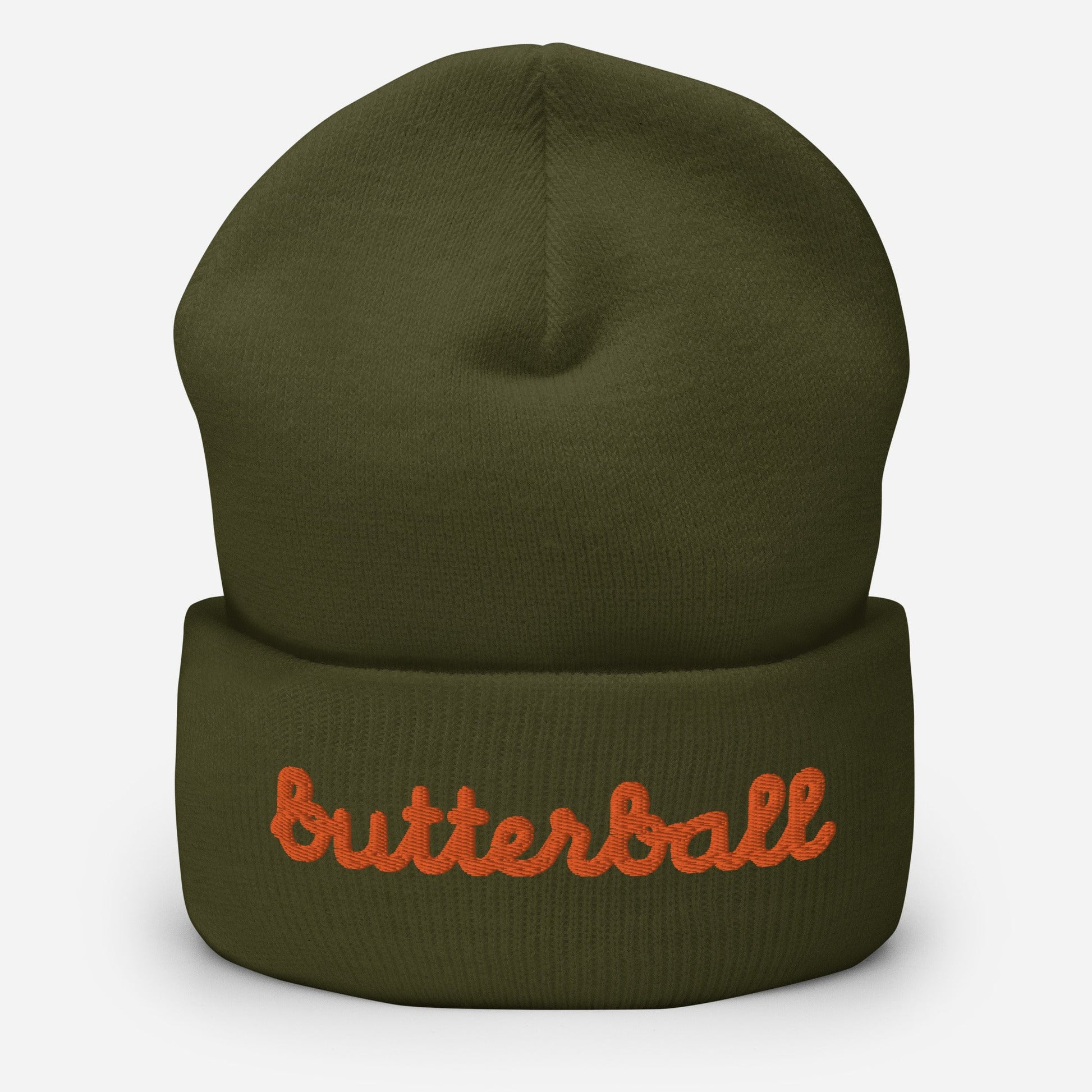 Chunky Deli product image: Knit beanie hat in a classic shape with the text "Butterball" embroidered in bright red-orange across the front headband area, in grey.