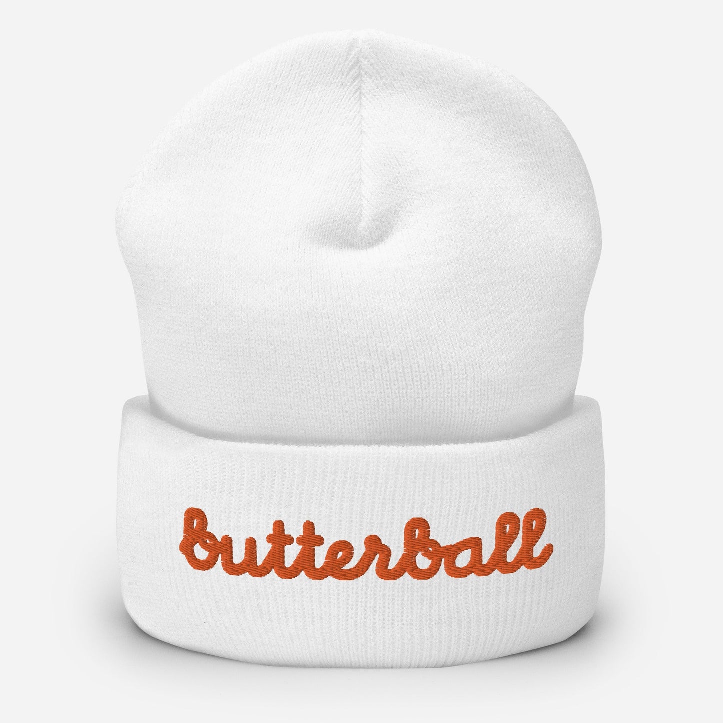 Chunky Deli product image: Knit beanie hat in a classic shape with the text "Butterball" embroidered in bright red-orange across the front headband area, in white.