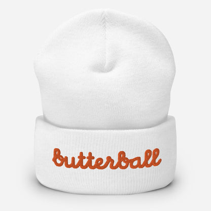 Chunky Deli product image: Knit beanie hat in a classic shape with the text "Butterball" embroidered in bright red-orange across the front headband area, in white.