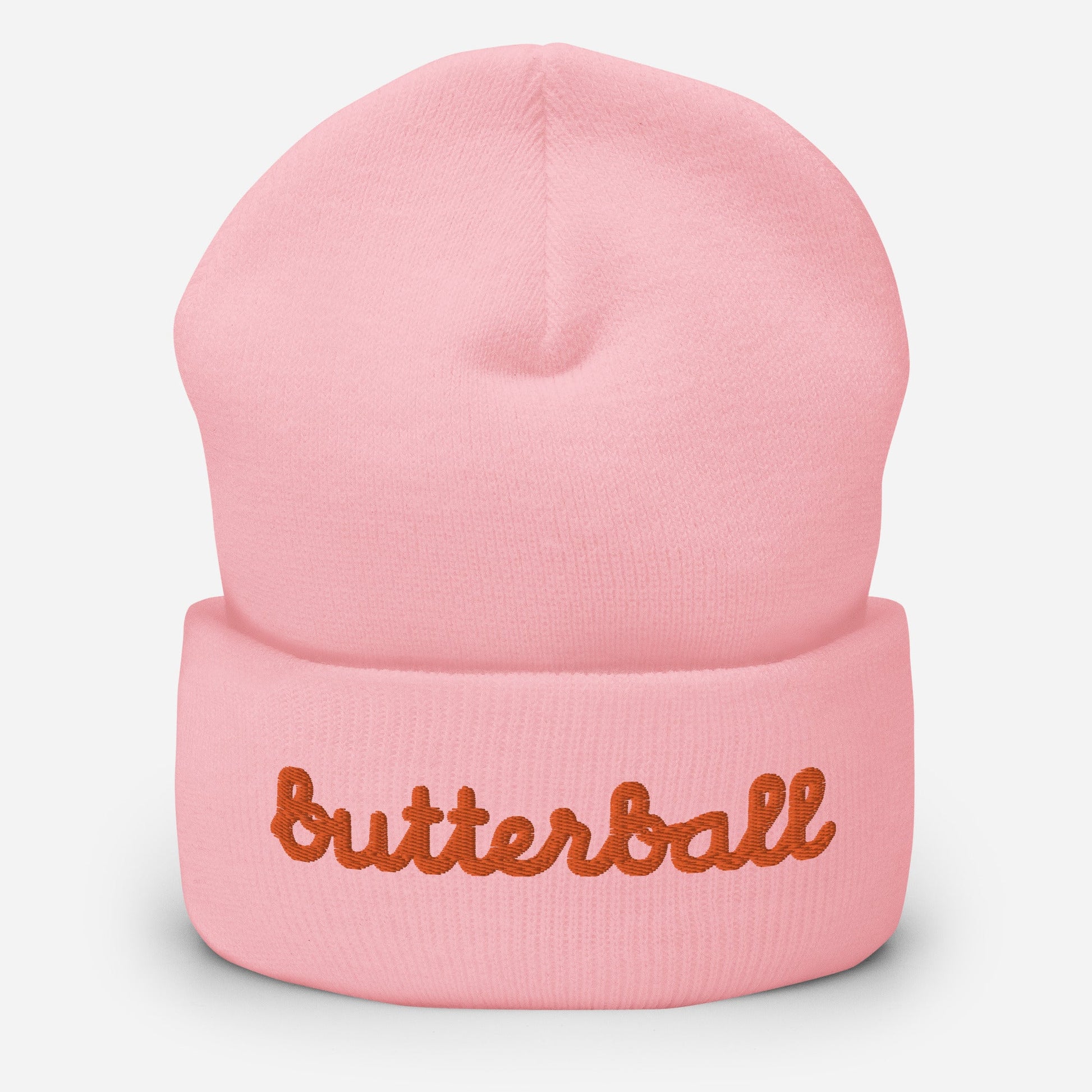 Chunky Deli product image: Knit beanie hat in a classic shape with the text "Butterball" embroidered in bright red-orange across the front headband area, in pink.