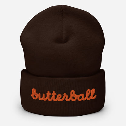 Chunky Deli product image: Knit beanie hat in a classic shape with the text "Butterball" embroidered in bright red-orange across the front headband area, in black.