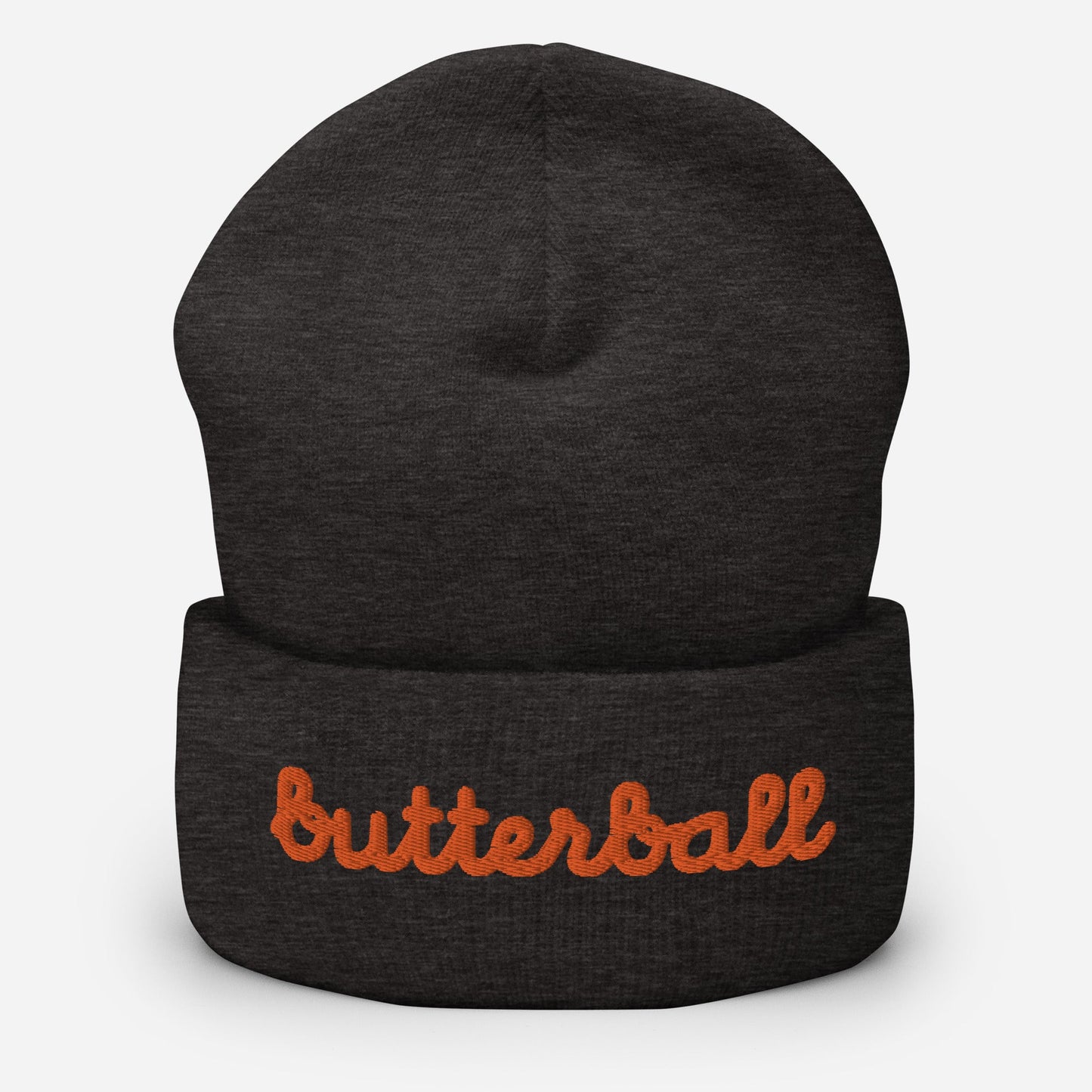 Chunky Deli product image: Knit beanie hat in a classic shape with the text "Butterball" embroidered in bright red-orange across the front headband area, in black.