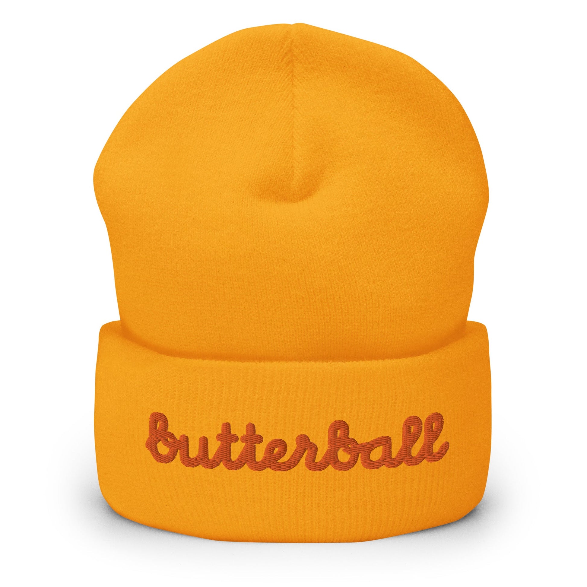 Chunky Deli product image: Knit beanie hat in a classic shape with the text "Butterball" embroidered in bright red-orange across the front headband area, in orange.