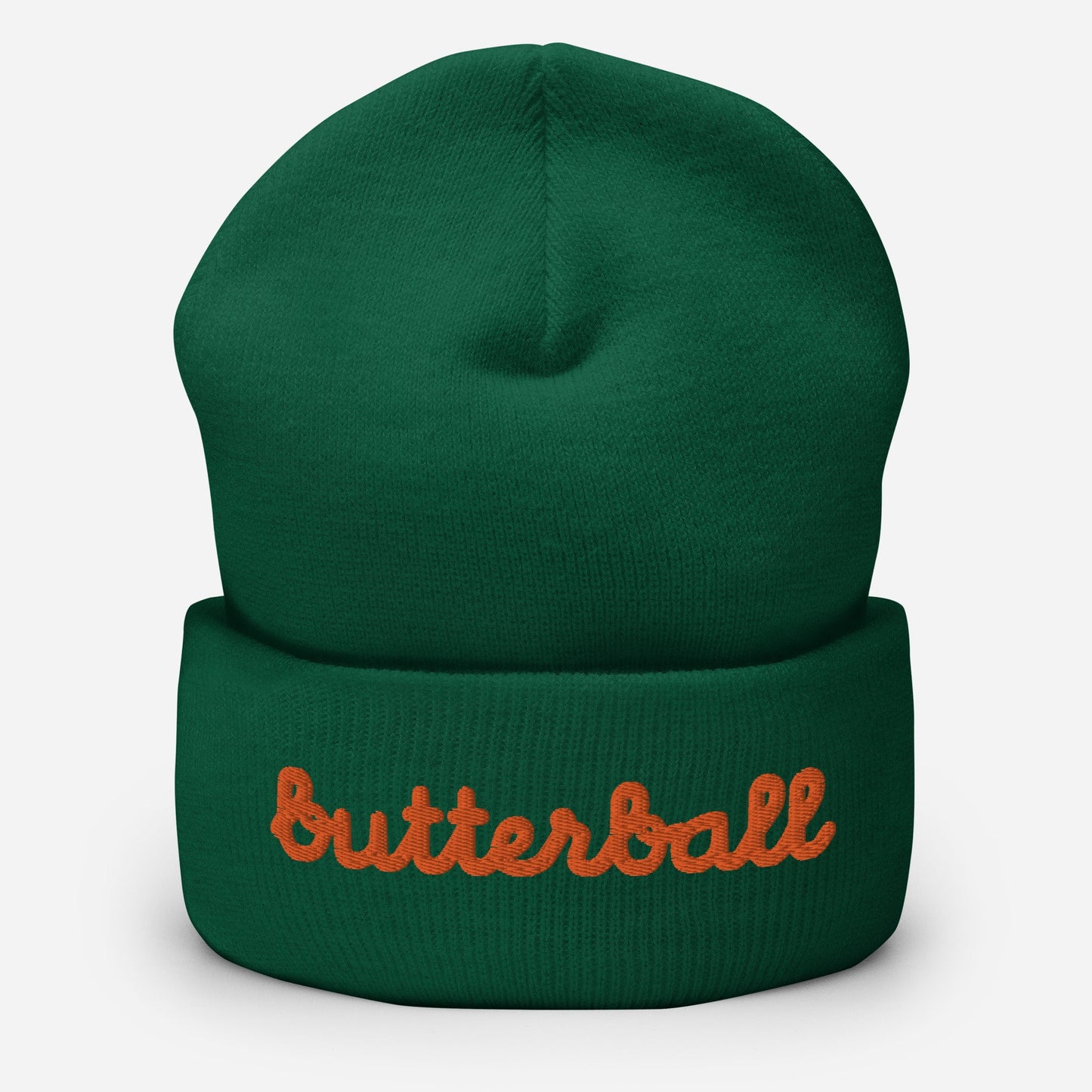 Chunky Deli product image: Knit beanie hat in a classic shape with the text "Butterball" embroidered in bright red-orange across the front headband area, in green.