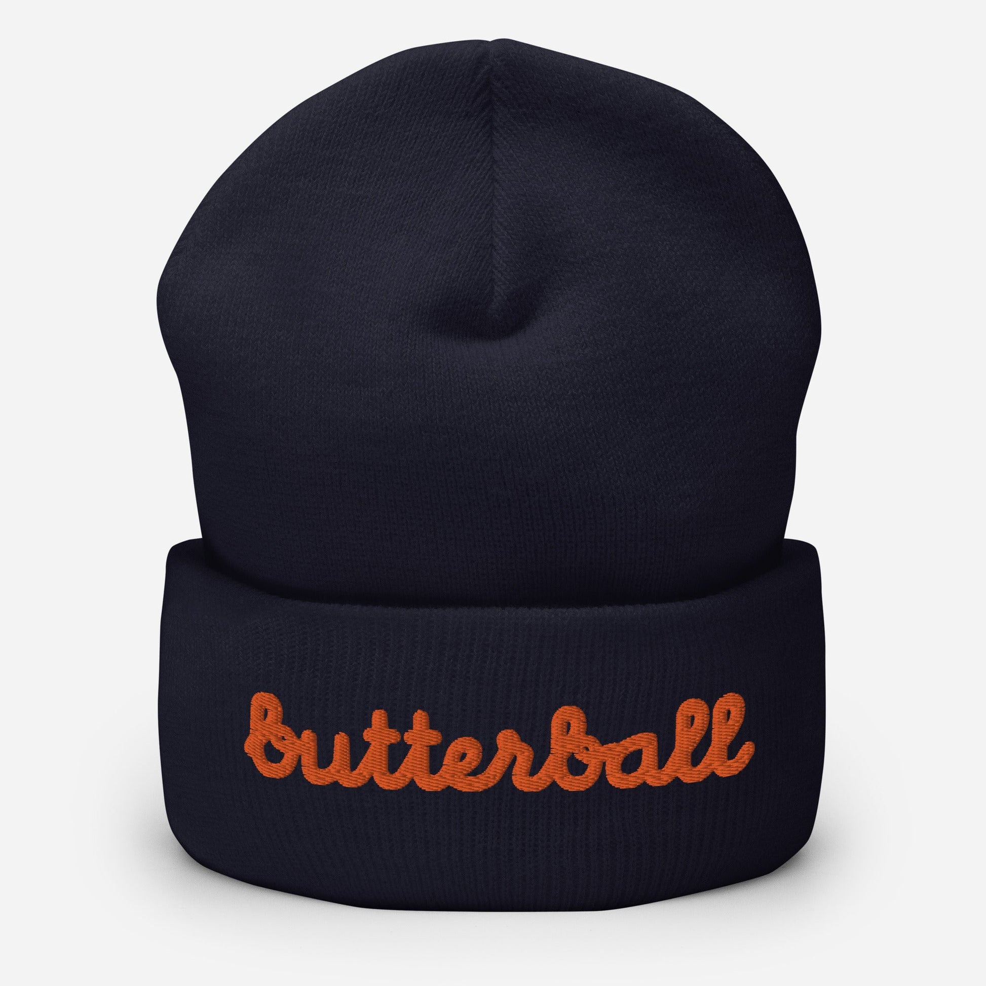 Chunky Deli product image: Knit beanie hat in a classic shape with the text "Butterball" embroidered in bright red-orange across the front headband area, in black.