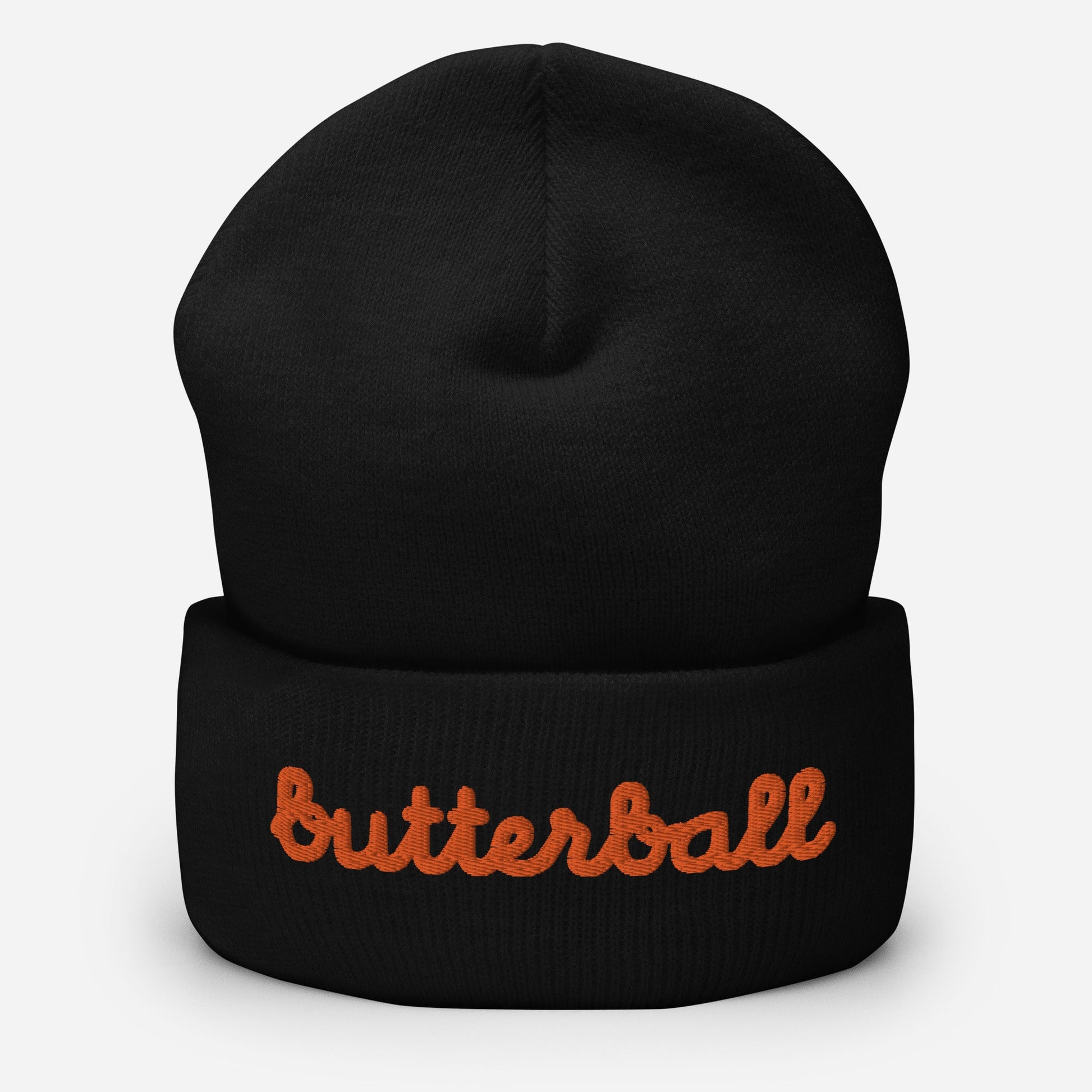 Chunky Deli product image: Knit beanie hat in a classic shape with the text "Butterball" embroidered in bright red-orange across the front headband area, in black.