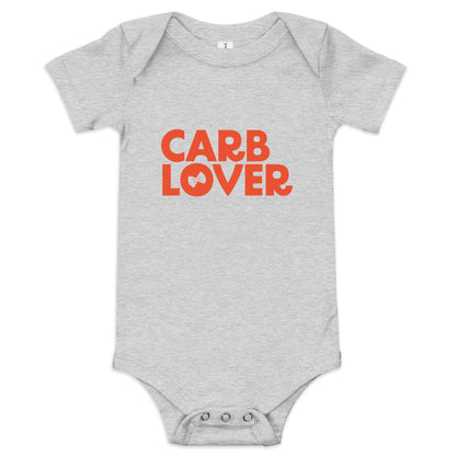 Chunky Deli product image: Grey-colored "Carb Lover" onesie, 100% cotton with envelope shoulders and three-snap closure, laid flat on a white background.