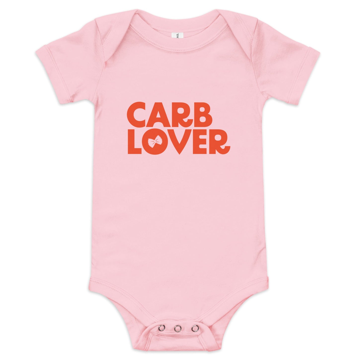Chunky Deli product image: Pink-colored "Carb Lover" onesie, 100% cotton with envelope shoulders and three-snap closure, laid flat on a white background.