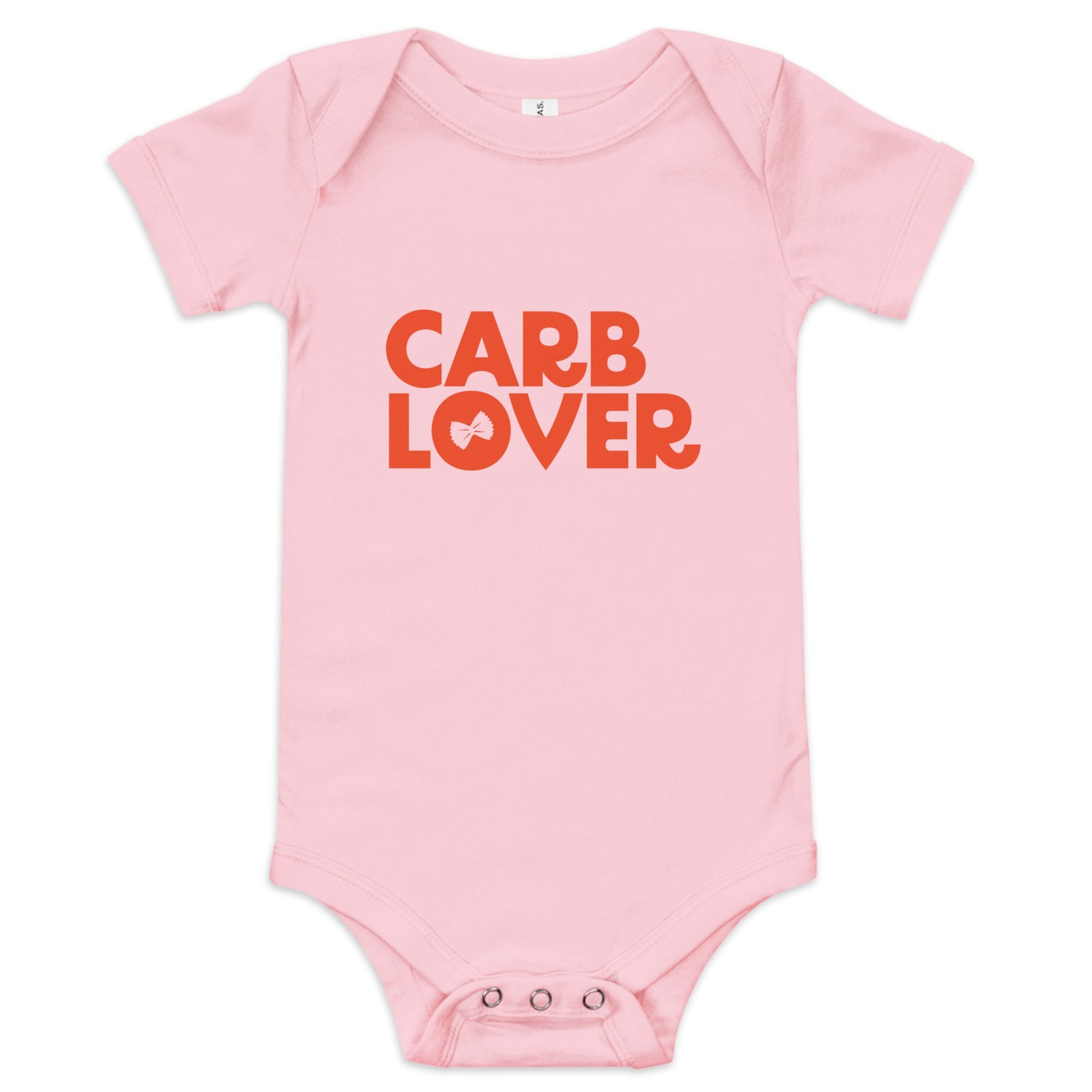 Chunky Deli product image: Pink-colored "Carb Lover" onesie, 100% cotton with envelope shoulders and three-snap closure, laid flat on a white background.