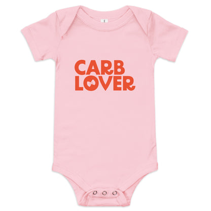 Chunky Deli product image: Pink-colored "Carb Lover" onesie, 100% cotton with envelope shoulders and three-snap closure, laid flat on a white background.