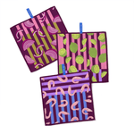 Chunky Deli product image of three colorful patterned potholders on a white background (Lime, onion and shrimp patterns)