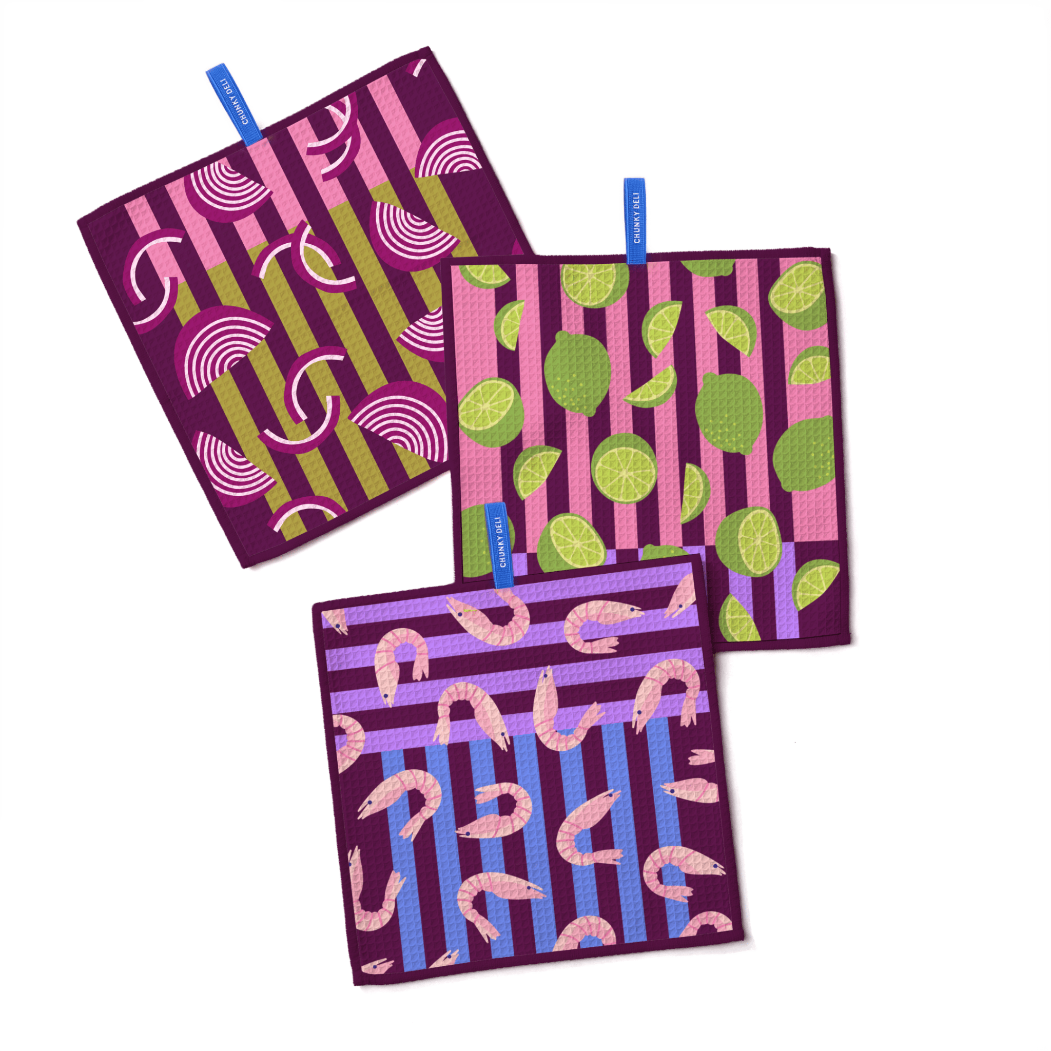 Chunky Deli product image of three colorful patterned potholders on a white background (Lime, onion and shrimp patterns)