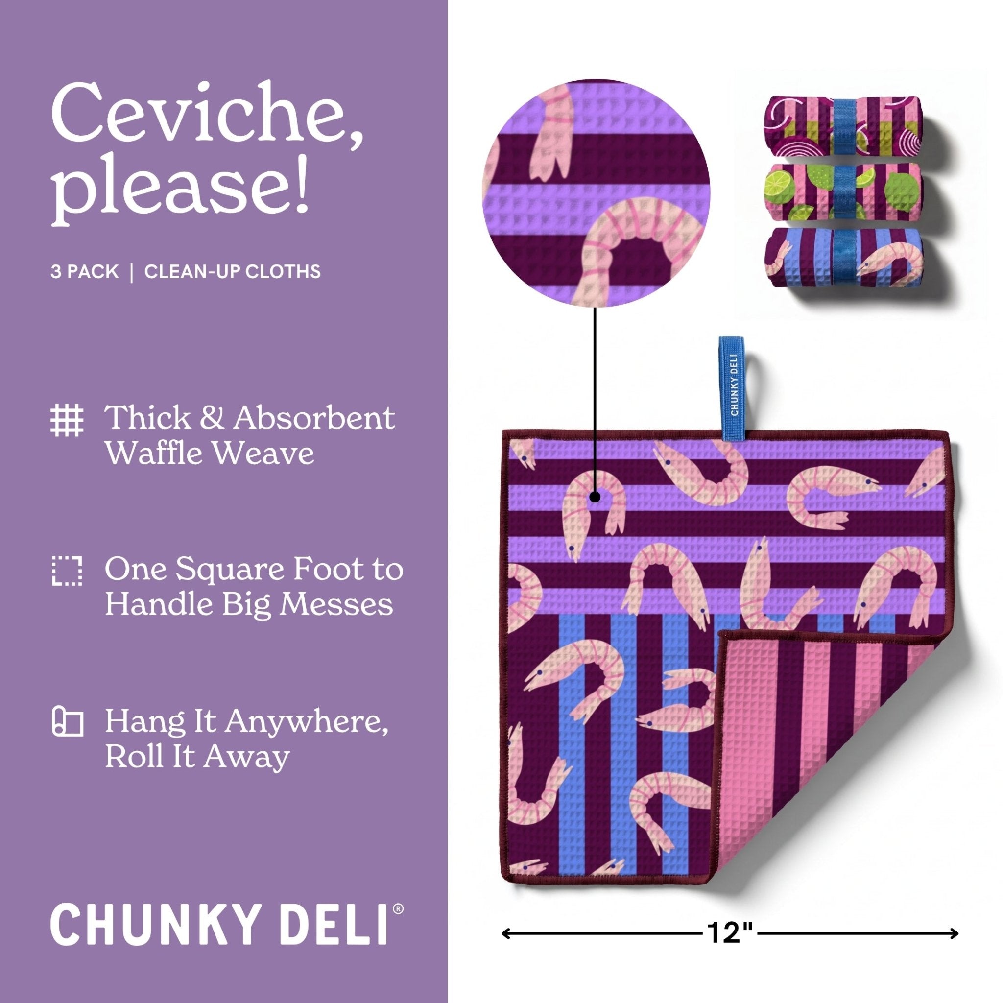 Chunky Deli Ceviche, Please! cleaning cloths with packaging and features on a purple background