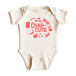 Chunky Deli product image: Natural-colored "Charcutie" bodysuit, 100% cotton with envelope shoulders and three-snap closure, laid flat on a white background.