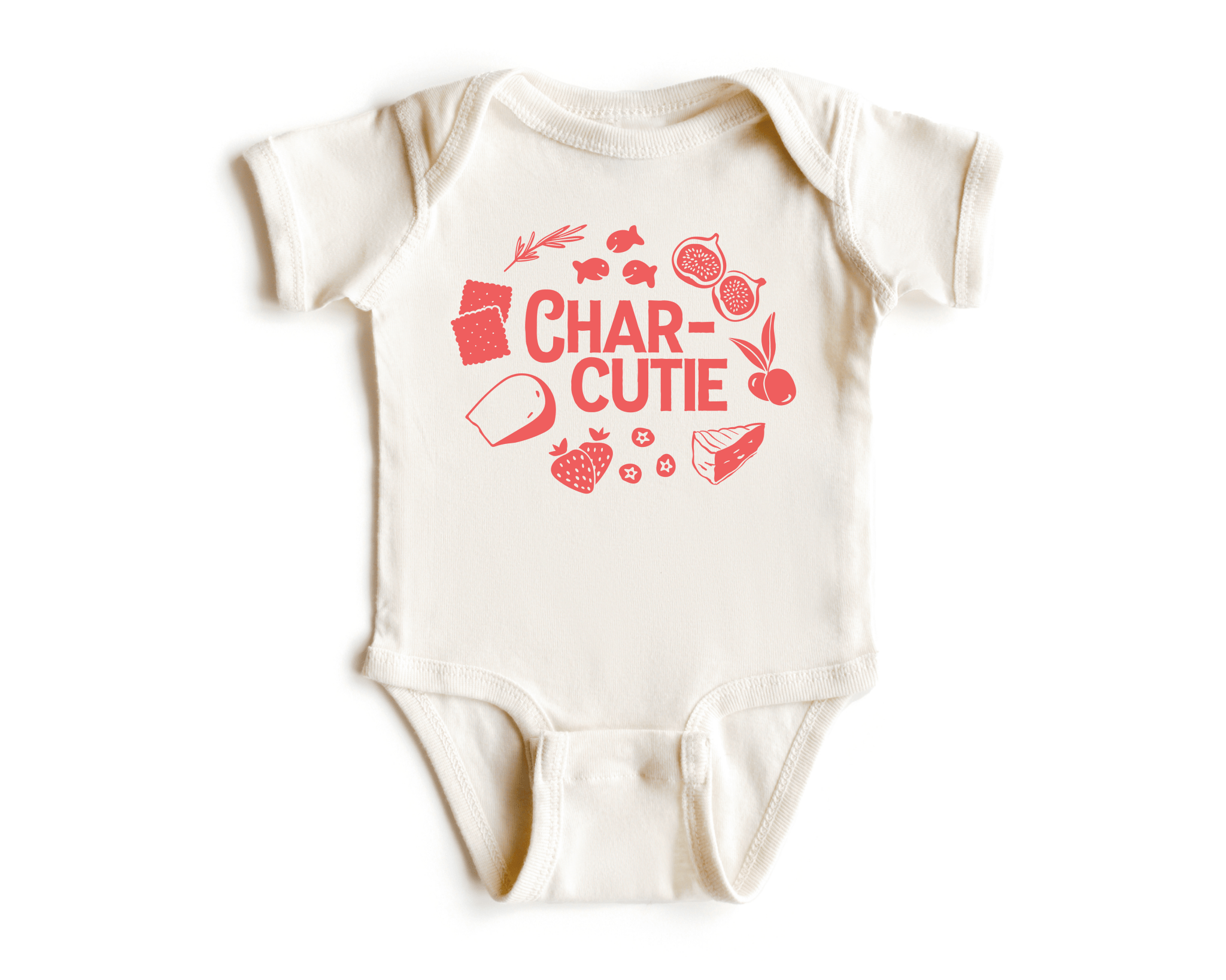 Chunky Deli product image: Natural-colored "Charcutie" bodysuit, 100% cotton with envelope shoulders and three-snap closure, laid flat on a white background.