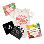 Chunky Deli product image: Charcutie Baby Gift Bundle, including the "Charcutie" baby bodysuit, "Gourmet Rainbow" board book, "Gourmet for Baby" high-contrast sensory cards, and the "Hello baby" Olive themed custom gift card, all laid flat on a white background.