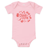 Chunky Deli product image: Pink-colored "Charcutie" bodysuit, 100% cotton with envelope shoulders and three-snap closure, laid flat on a white background.