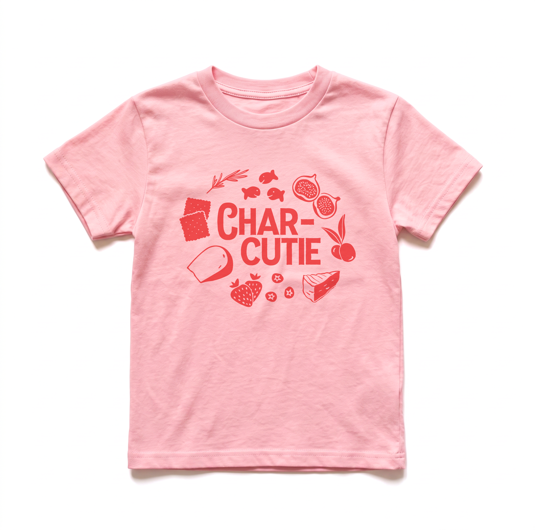 Chunky Deli product image: Toddler tee in 100% cotton, short sleeve, pink color. Features a stylized graphic with the text "Char-Cutie" surrounded by vibrant illustrations of crackers, cheese, berries, olives, figs, and goldfish. The print is an orangey-p