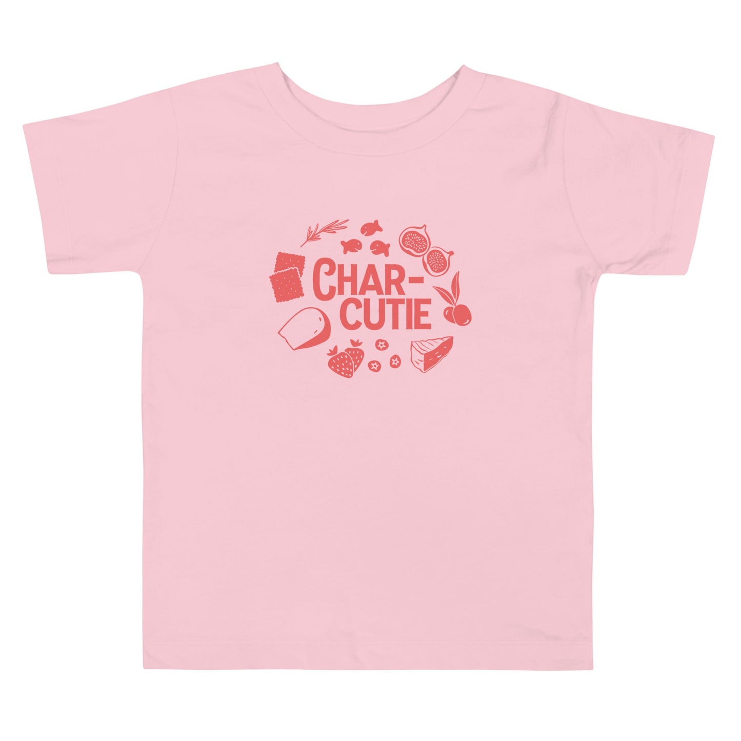 Chunky Deli product image: Pink short-sleeved kids' and toddler t-shirt with the text "Charcutie" in orange font, surrounded by illustrations of charcuterie board foods, on the chest.