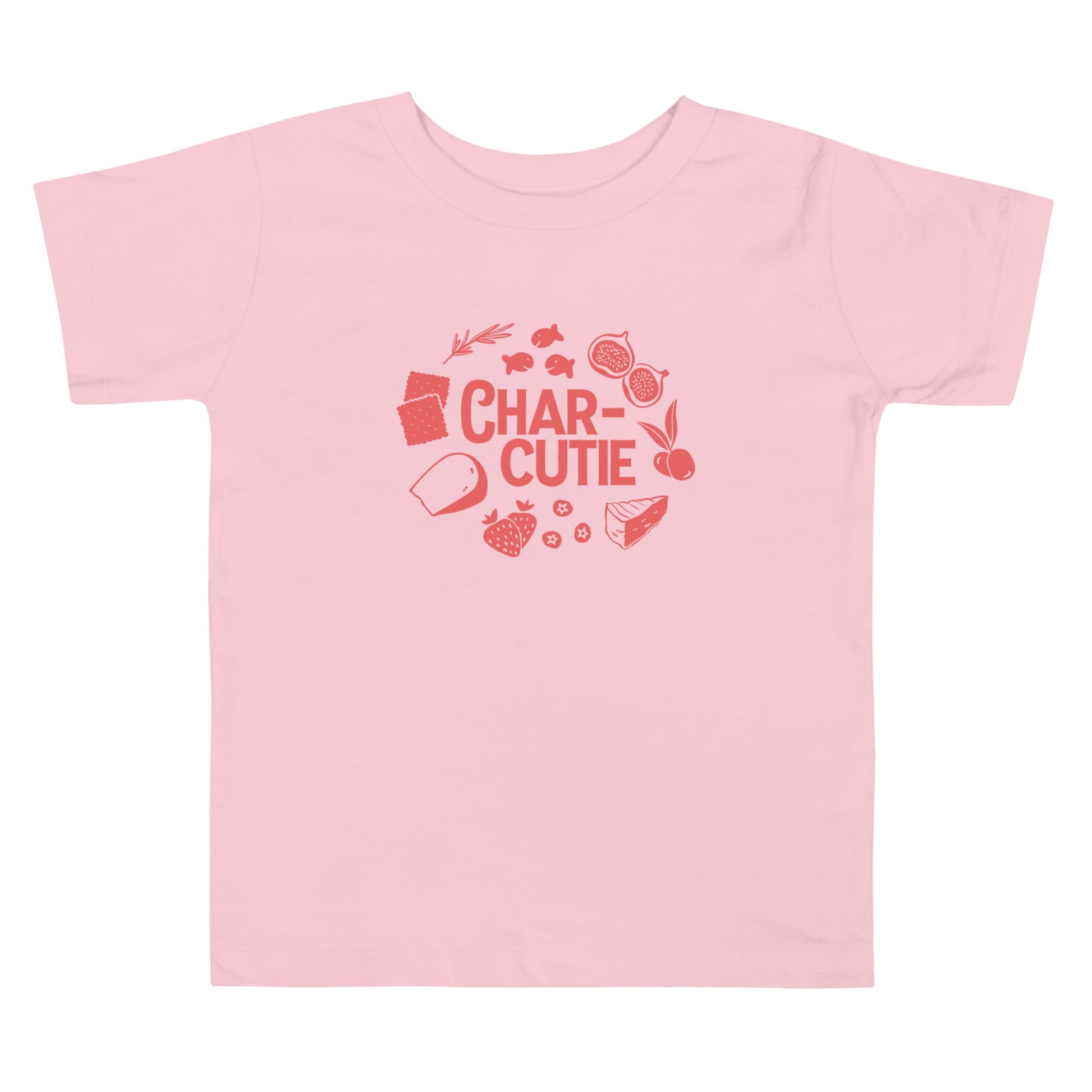 Chunky Deli product image: Pink short-sleeved kids' and toddler t-shirt with the text "Charcutie" in orange font, surrounded by illustrations of charcuterie board foods, on the chest.