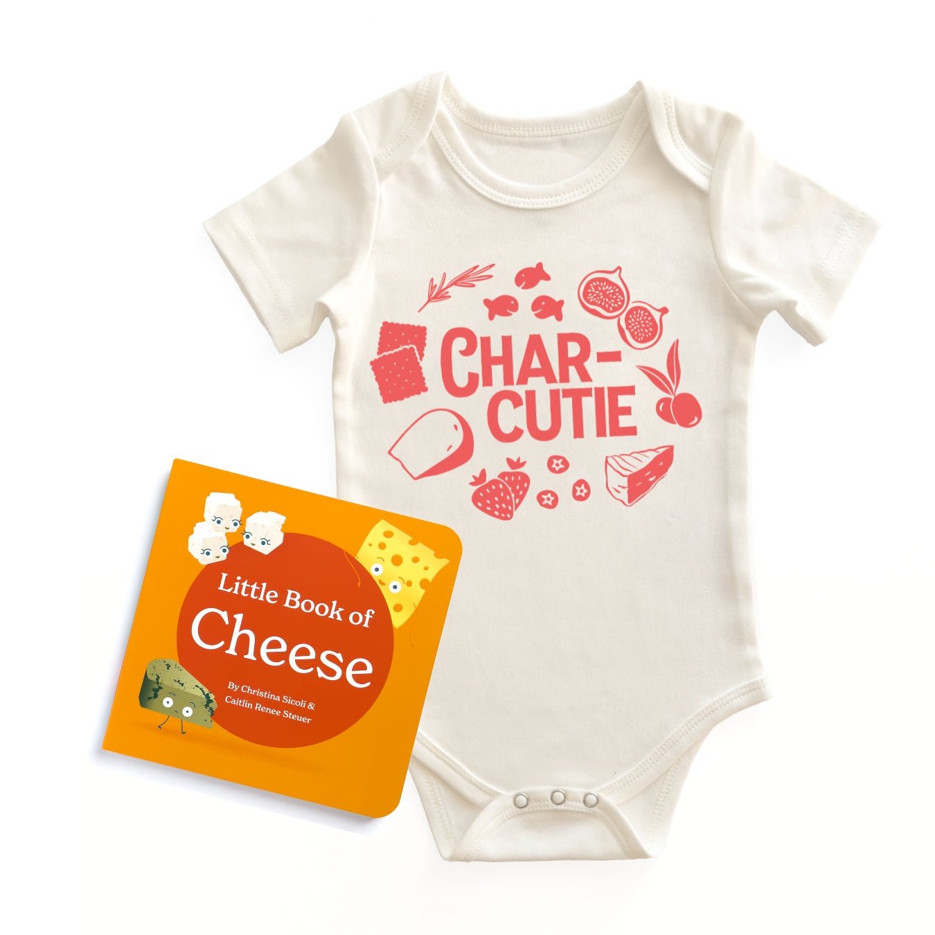  Chunky Deli "Char-cutie Cheese Starter Pack" featuring a white, 100% cotton, short sleeve baby bodysuit with a red "CHAR-CUTIE" graphic surrounded by small illustrations of cheese, fish, berries, and figs, accompanied by the "Little Book of Cheese" board