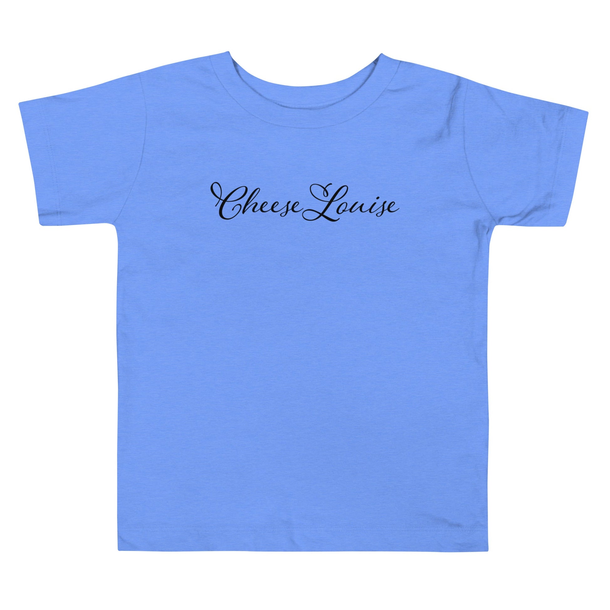 Chunky Deli product image: Blue short-sleeved kids' and toddler t-shirt with the text "Cheese Louise" in cursive font across the chest, laid flat on a white background.