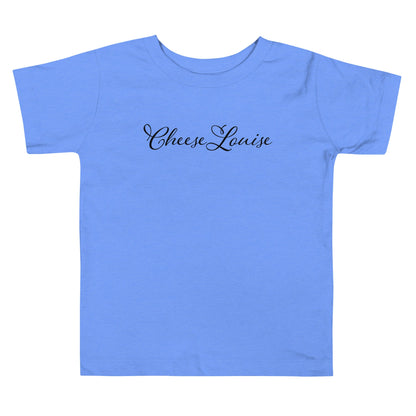 Chunky Deli product image: Blue short-sleeved kids' and toddler t-shirt with the text "Cheese Louise" in cursive font across the chest, laid flat on a white background.