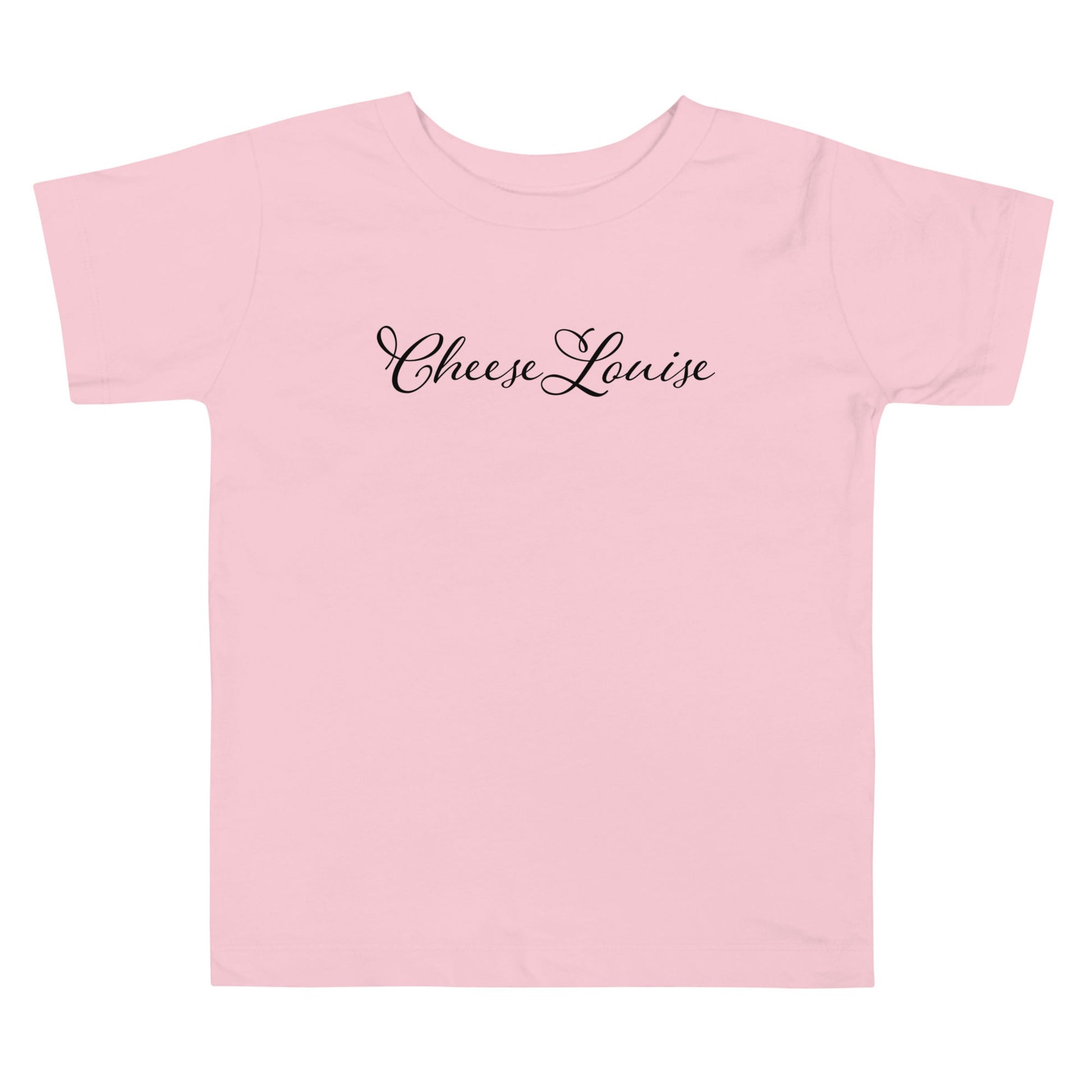 Chunky Deli product image: Pink short-sleeved kids' and toddler t-shirt with the text "Cheese Louise" in cursive font across the chest, laid flat on a white background.