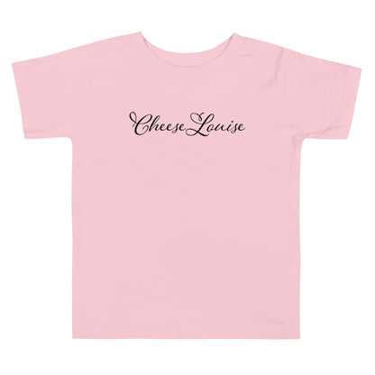 Chunky Deli product image: Pink short-sleeved kids' and toddler t-shirt with the text "Cheese Louise" in cursive font across the chest, laid flat on a white background.