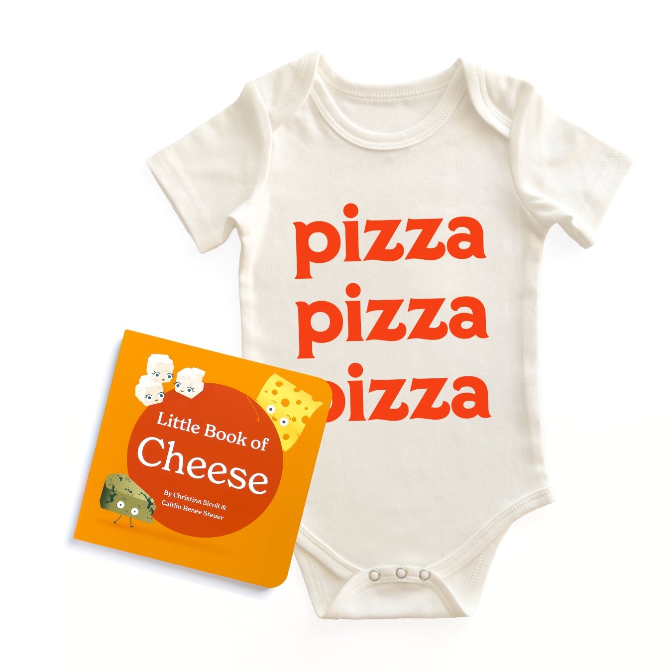  Chunky Deli "Pizza Pizza Pizza Starter Pack" featuring a white, 100% cotton, short sleeve baby bodysuit with bold orange text "pizza pizza pizza," accompanied by the "Little Book of Cheese" board book by Christina Sicoli & Caitlin Renee Steuer, all on a 