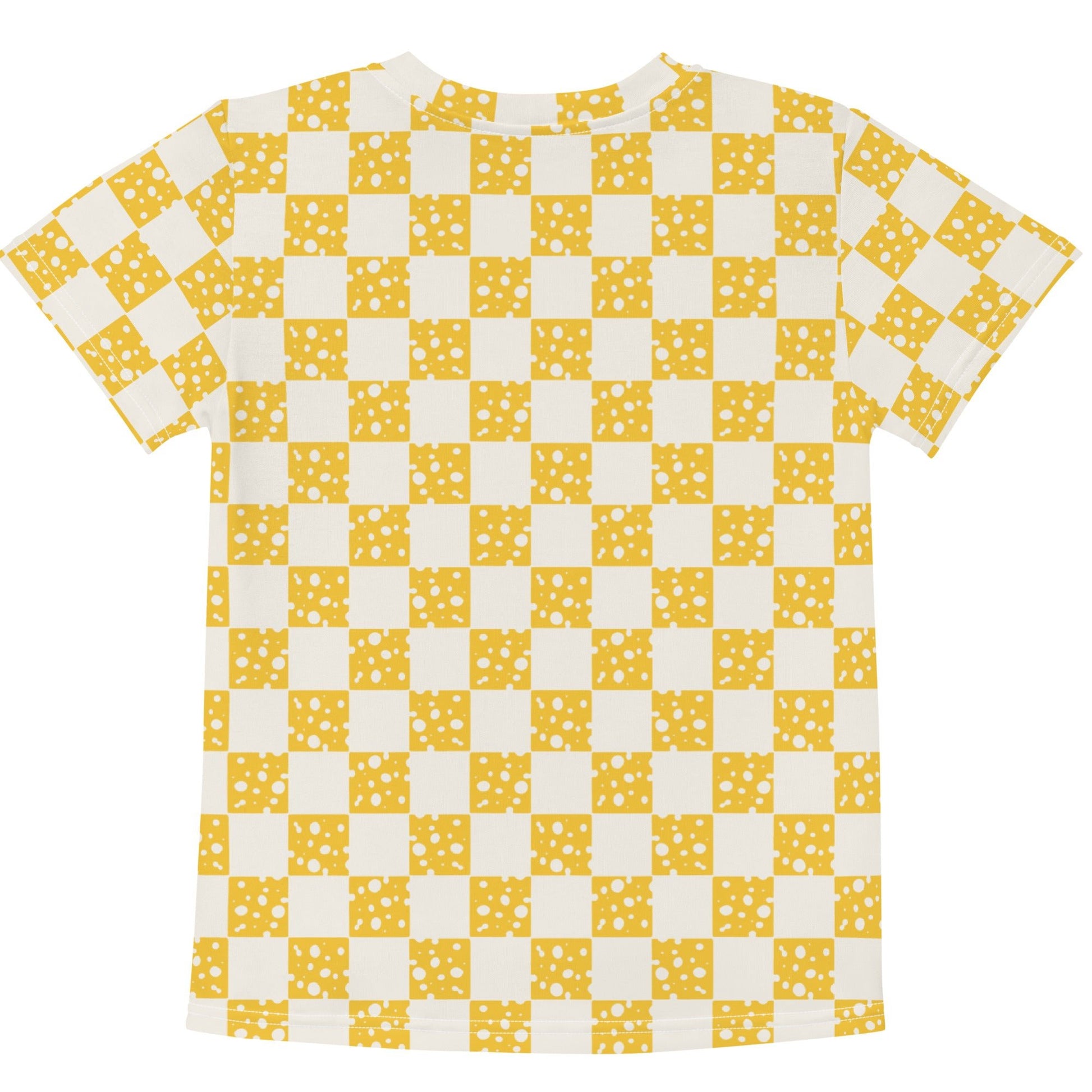 Chunky Deli product image: Kids' and toddler t-shirt with an all-over check mark pattern of yellow cheese illustrations on the front and back. The t-shirt has short sleeves, a crew neck collar, and a unisex cut.